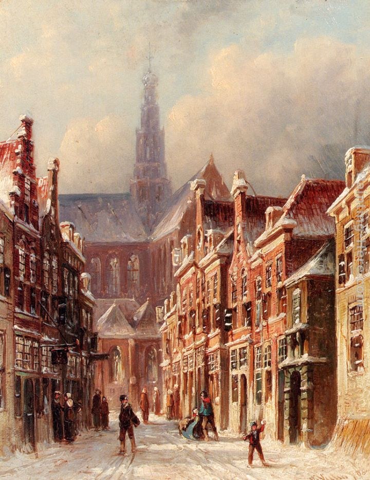 Pieter Gerard Vertin A Snowy Street With The St. Bavo Beyond, Haarlem